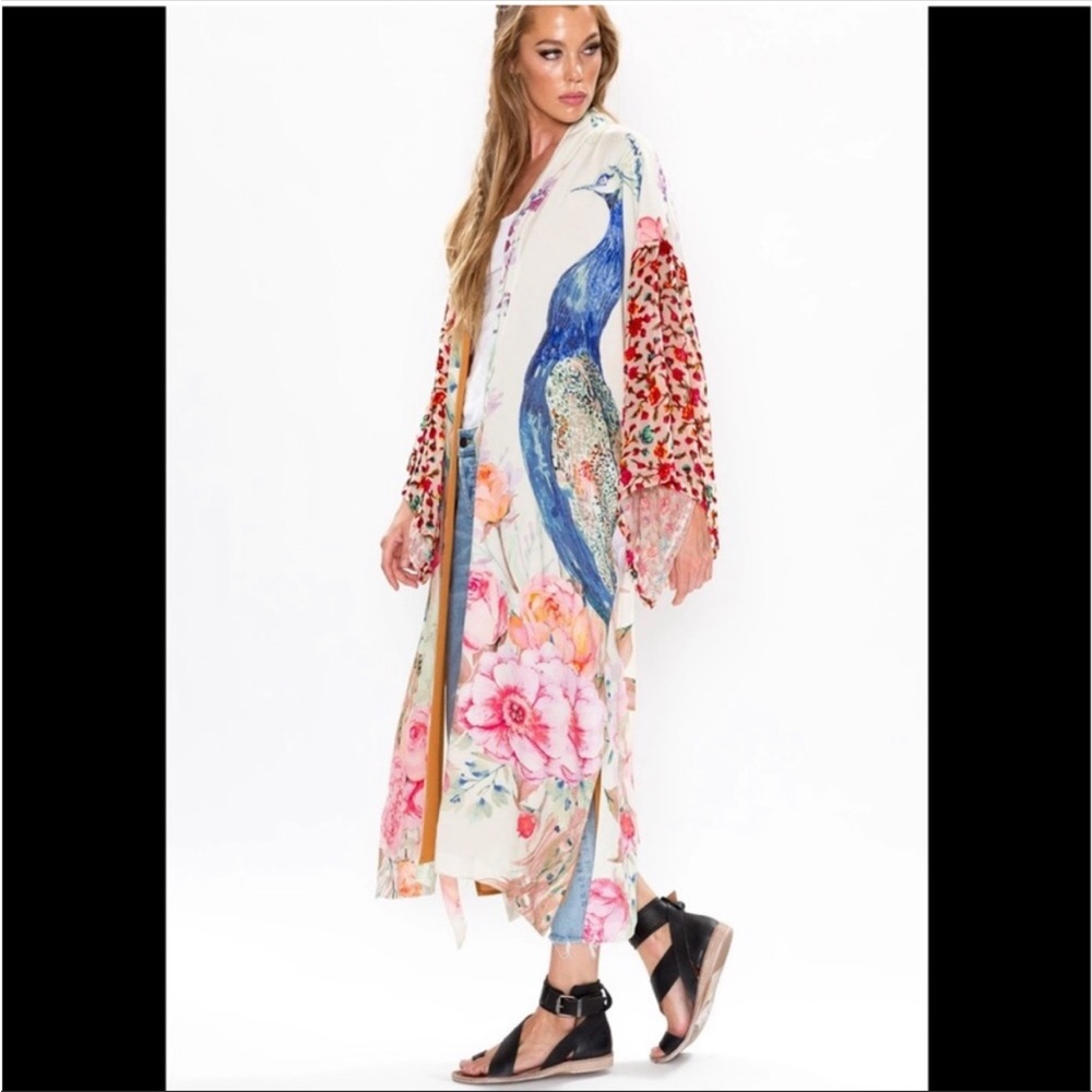 #115 New! Peacock Boho Burnout Kimono Duster Robe - Picture 5 of 11